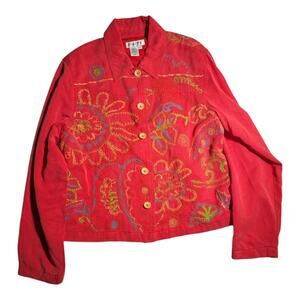 Vtg Y2K Coldwater Creek Coral Pink Floral Embroidered Collared Tencel Jacket L